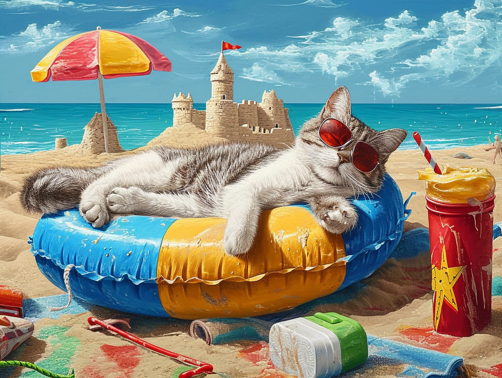 Purr-fect Day at the Beach Diamond Painting Kit-40x30cm (16x12 in)-Heartful Diamonds