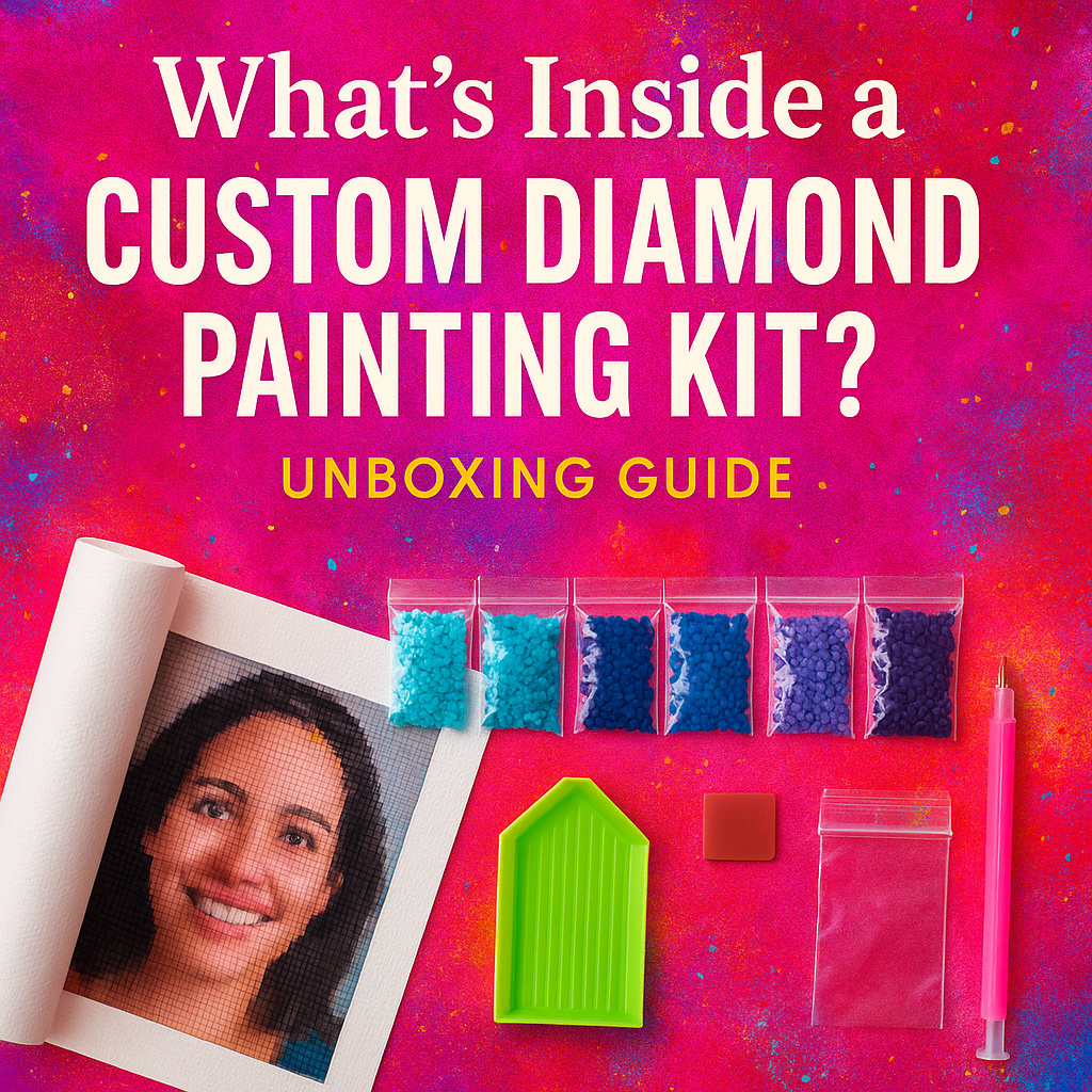 Vibrant cover showing diamond painting tools, colorful drills, and a partially unrolled custom canvas with bold title text.