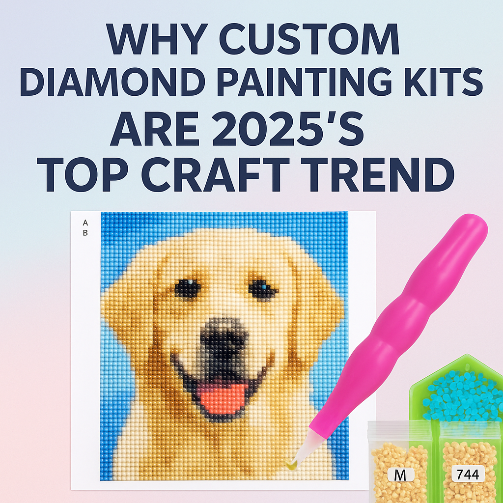 Custom diamond painting kit promotional graphic highlighting 2025’s top craft trend with vibrant drills and canvas elements