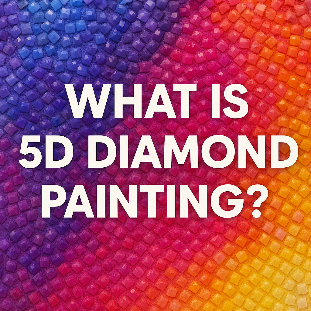 Close-up of a colorful 5D diamond painting canvas with sparkling resin drills and applicator tools, symbolizing creativity and crafting.