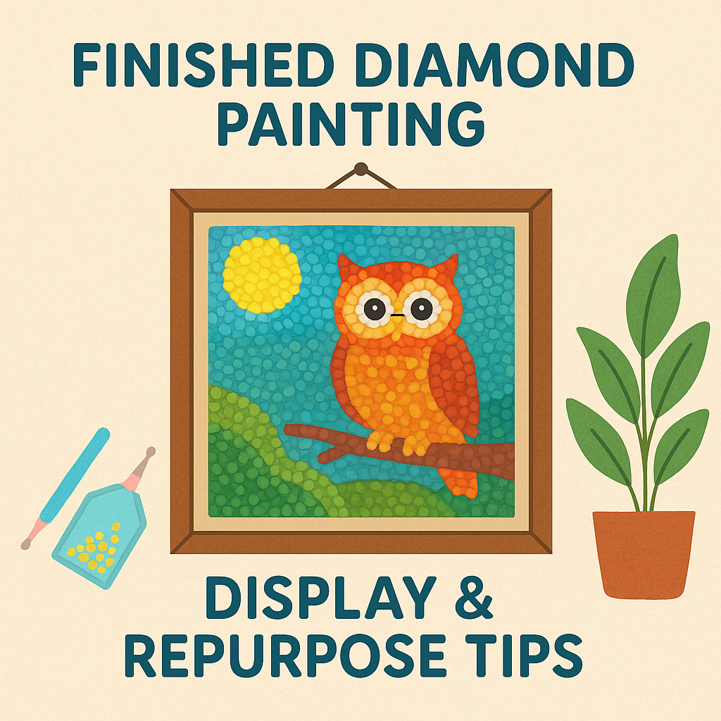 Square digital illustration showing a framed diamond painting of an owl on a tree branch hanging on a wall, with diamond painting tools and a potted plant beside it.