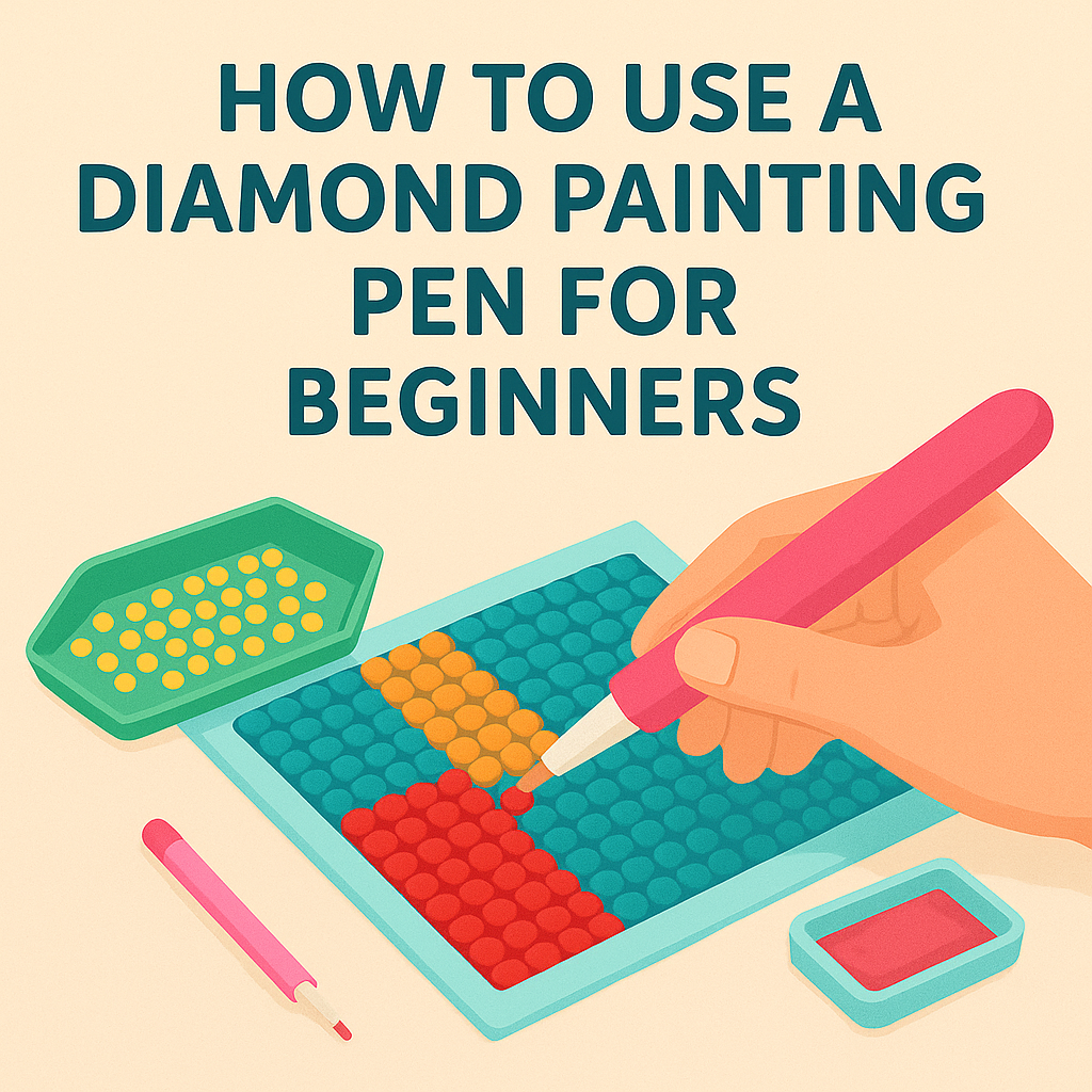 Illustration of a beginner using a diamond painting pen with tools and colorful canvas