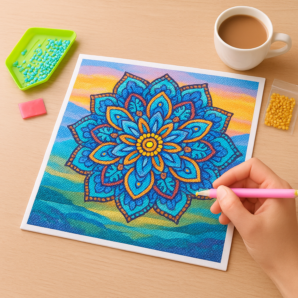 Fun diamond painting kit with colorful beads, pen, and mandala design for mindful creativity