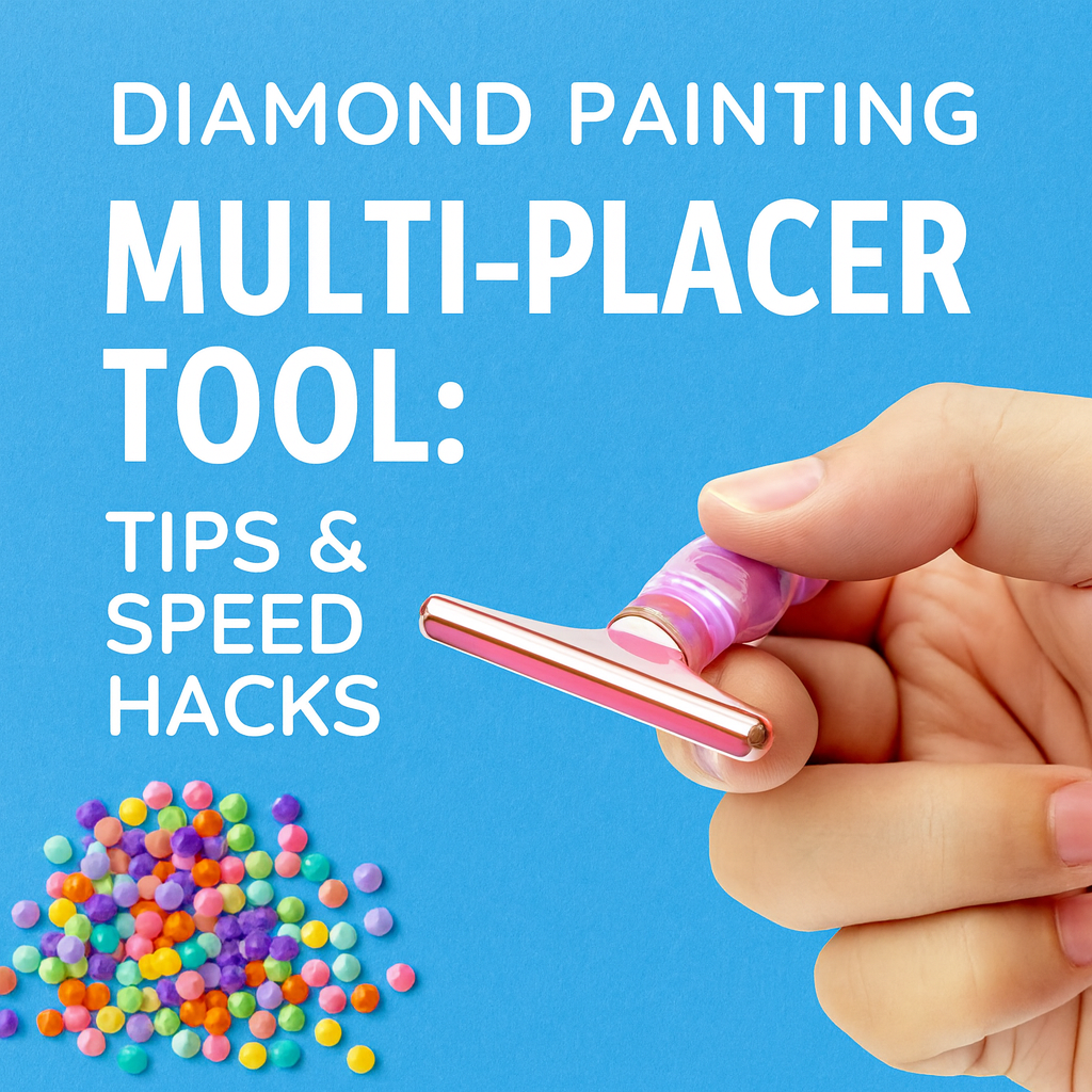 Hand holding a diamond painting pen with metal multi-placer tip and colorful drills.