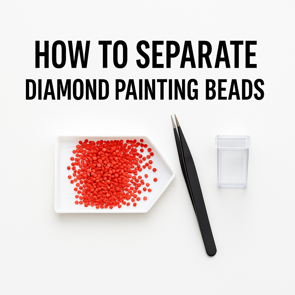 Diamond painting pen with trays of separated colorful beads and storage containers.