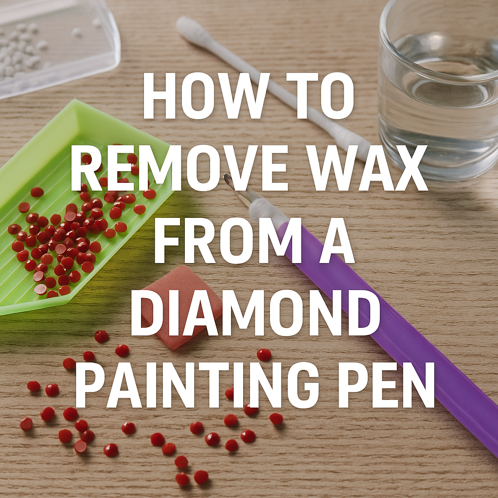 Diamond painting pen with wax removal tools, drills, and cleaning setup.
