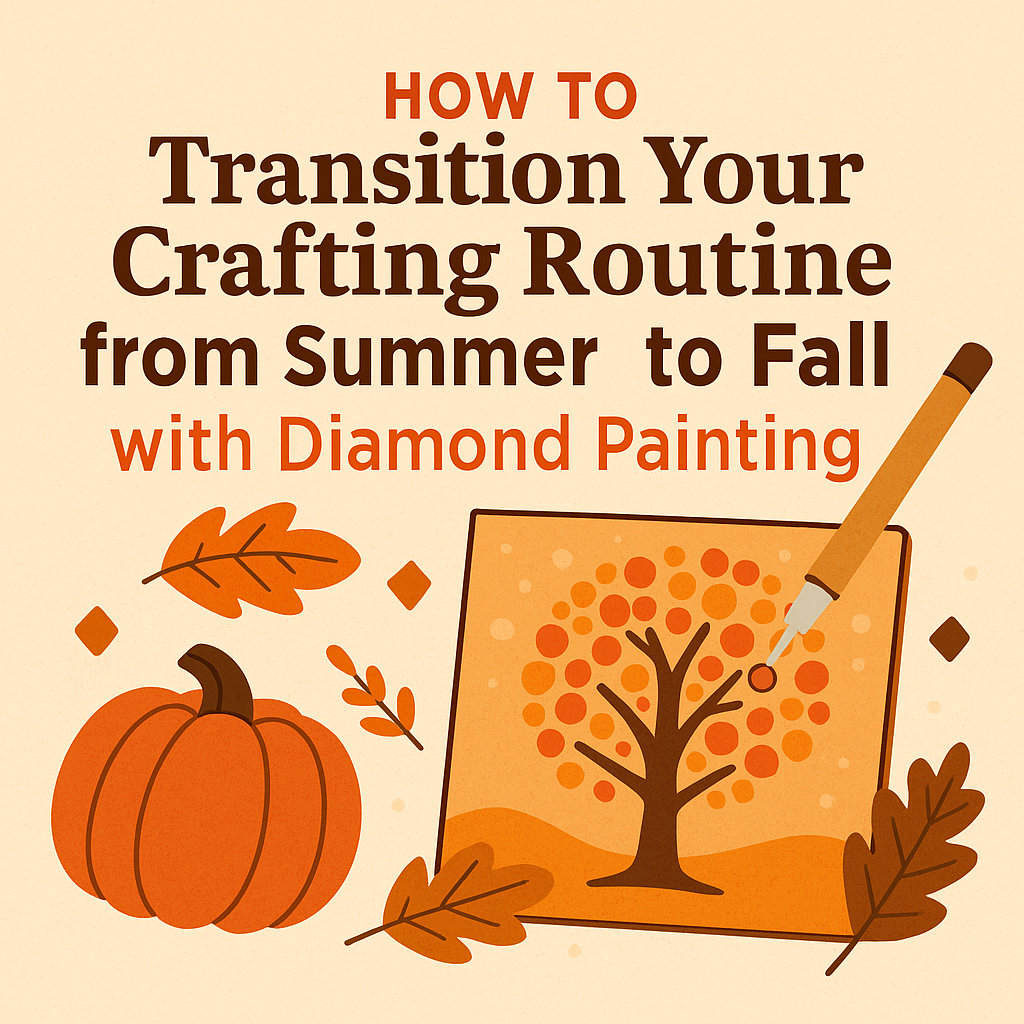 Autumn-themed cover with pumpkin, leaves, and diamond painting canvas.