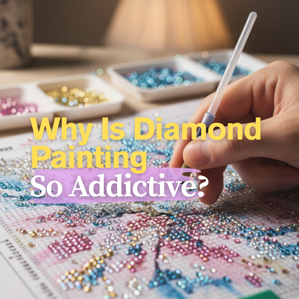 Close-up of hands placing sparkling diamond drills on adhesive canvas.