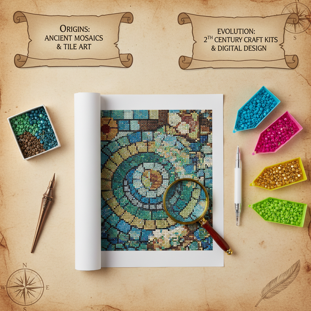 Flat lay showing diamond painting elements (canvas, beads, pen) with historical context on parchment.