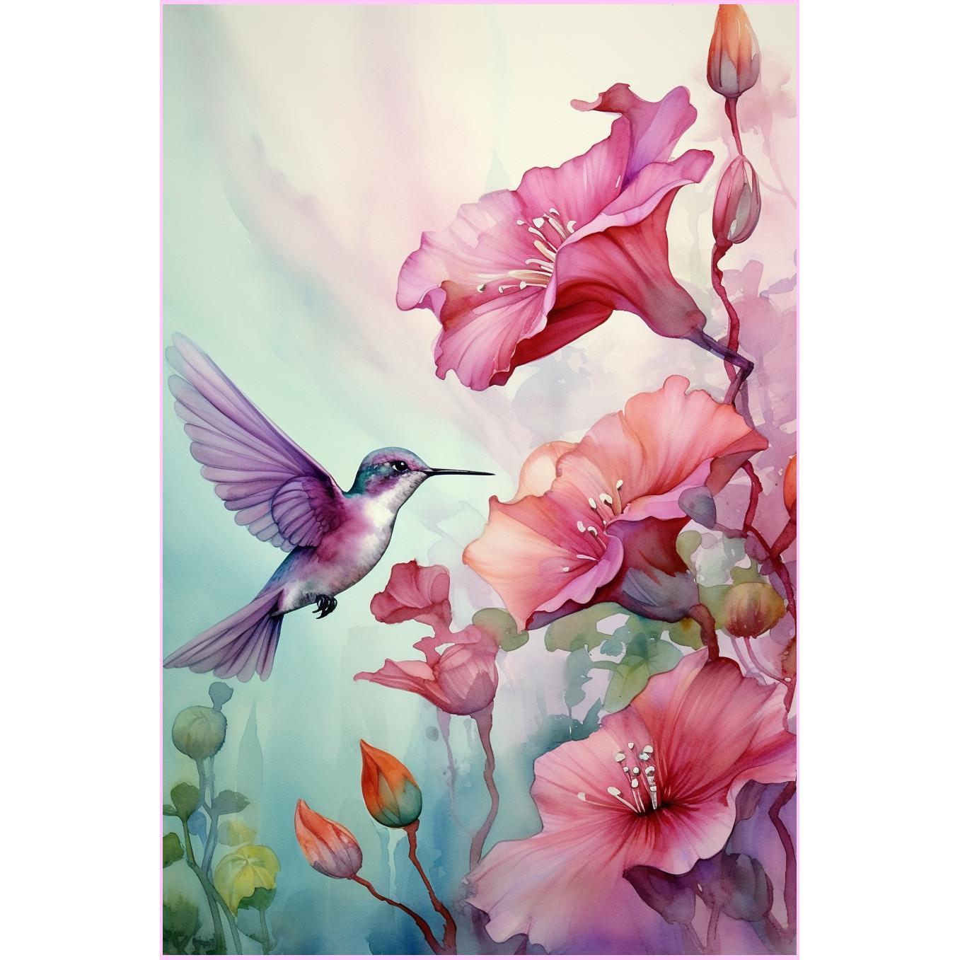 Hummingbird and Pink Blossoms Diamond Painting Kit-Heartful Diamonds