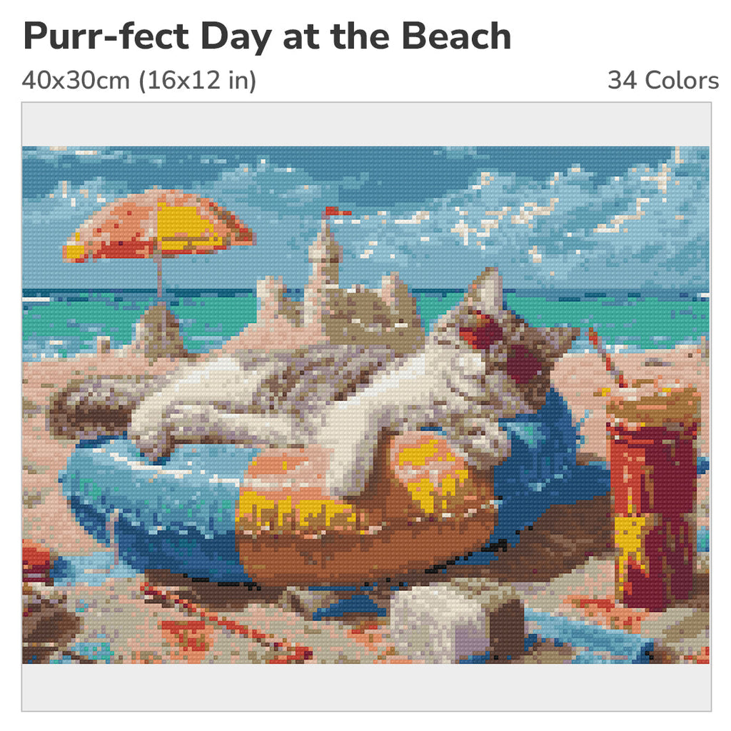 Purr-fect Day at the Beach Diamond Painting Kit-40x30cm (16x12 in)-Heartful Diamonds