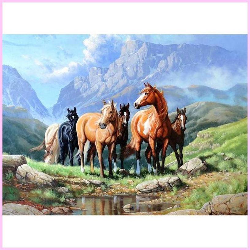 Horses Exploring the Mountainside-Diamond Painting Kit-Heartful Diamonds